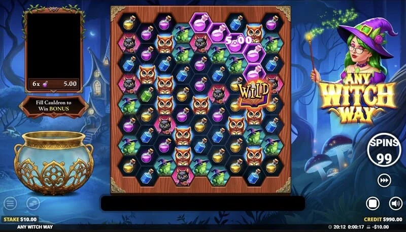 Any Witch Way - Spielbildschirm mit Kessel und 9x8-Gitter